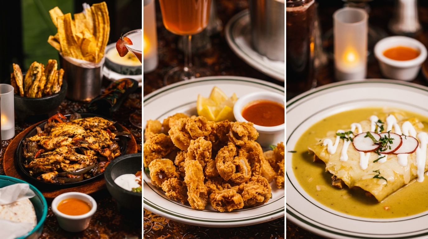 A collage of three delicious dishes: chicken fajitas, fried calamari, and green enchiladas.
