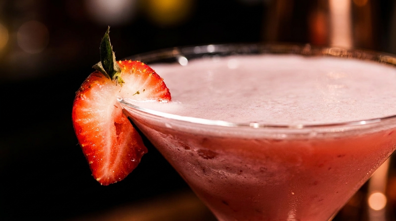 Close-up of a strawberry martini with a fresh strawberry slice on the rim.