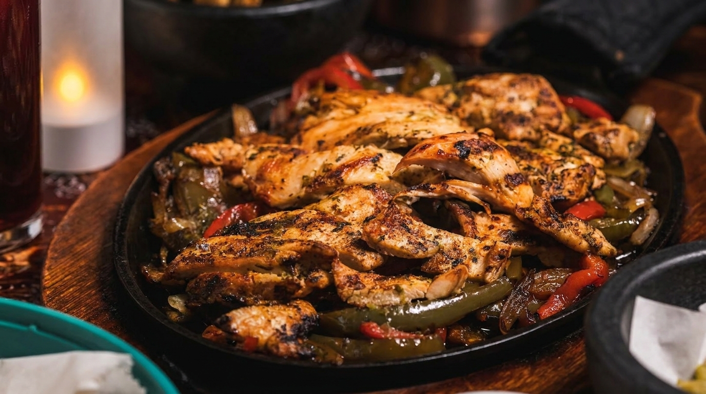 Sizzling chicken fajitas with grilled peppers and onions on a cast iron skillet.