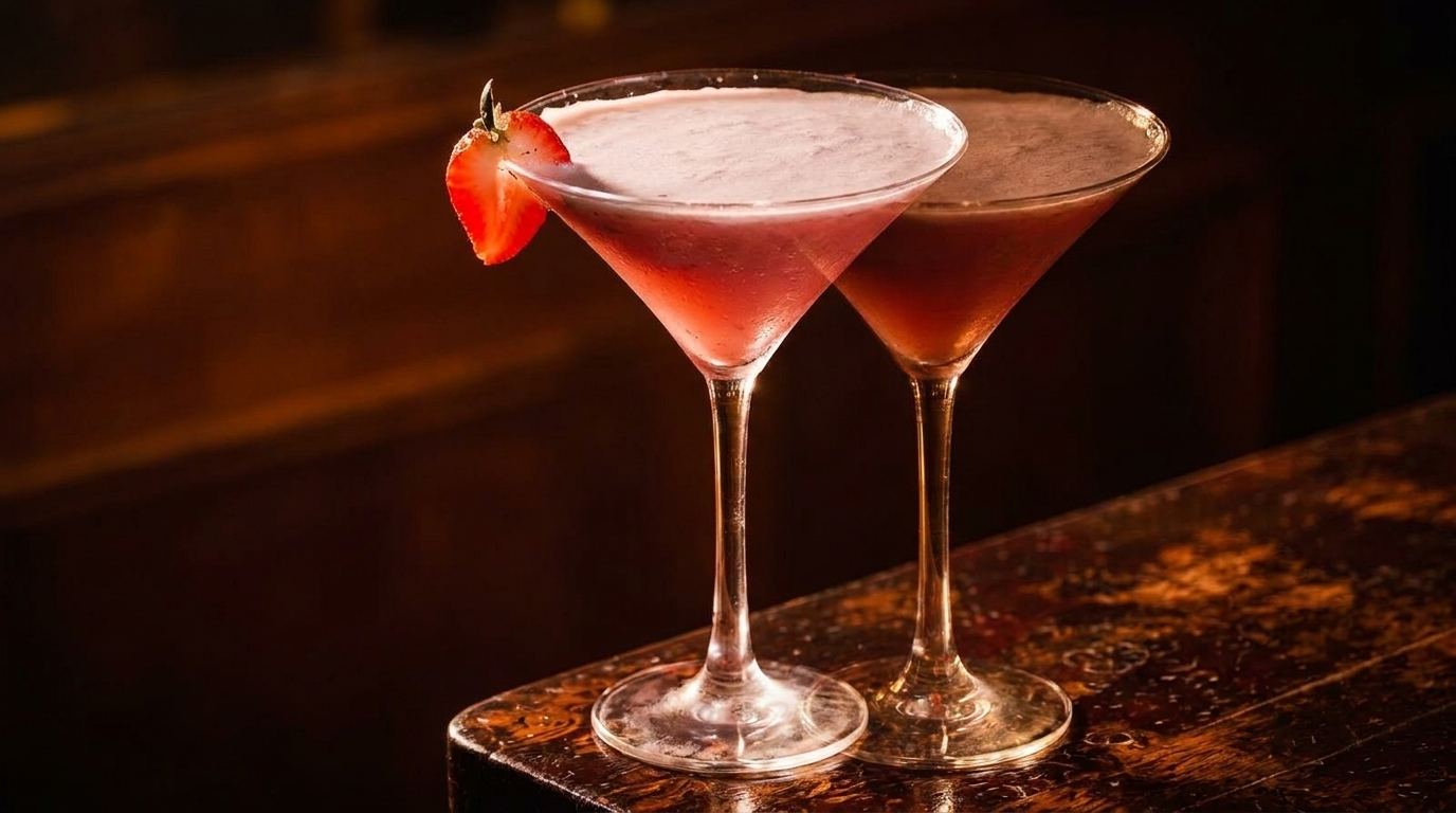 Two strawberry martinis with foamy tops on a dark, ornate wooden bar.