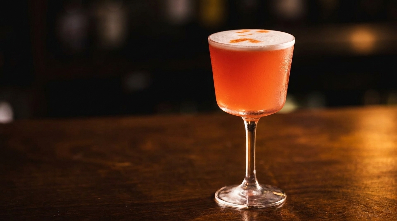 A vibrant red cocktail with a foamy top and orange garnish sits on a dark wooden bar.