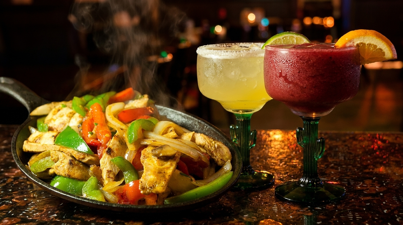 Sizzling chicken fajitas with colorful peppers and onions, next to two margaritas in cactus glasses.