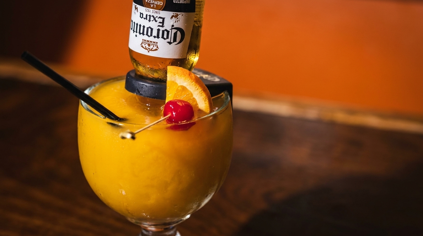 A frozen mango margarita with an inverted Corona beer, garnished with an orange slice and cherry.
