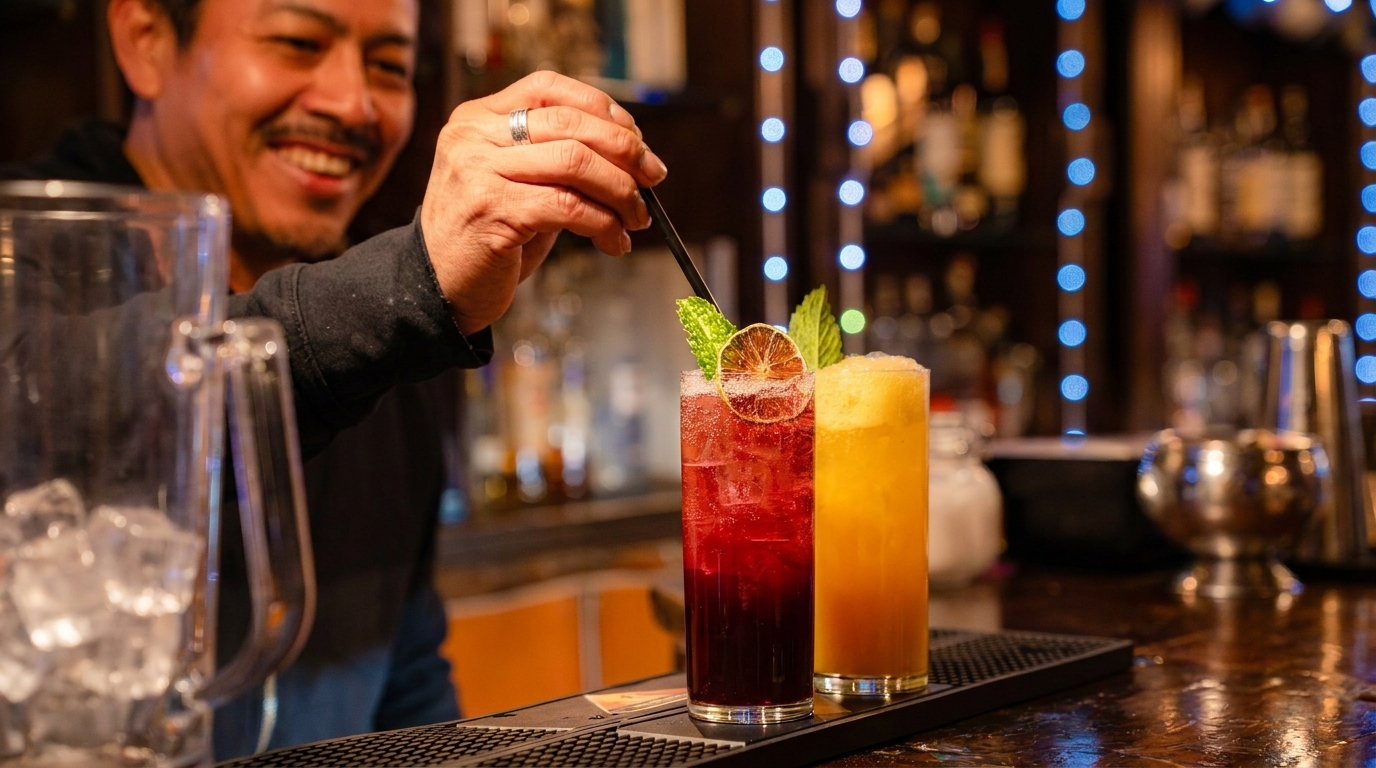 Smiling bartender garnishing two colorful cocktails with lime and mint at a bar.