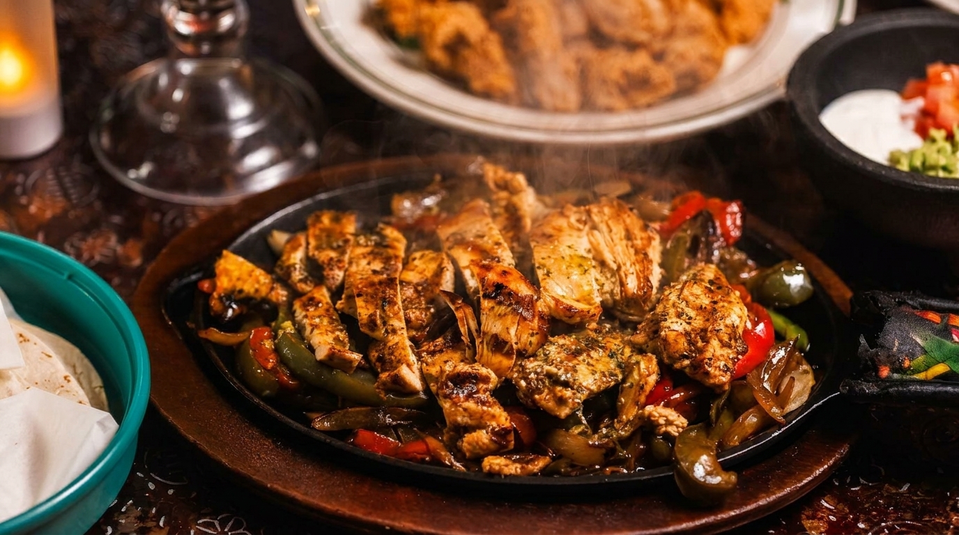 Sizzling chicken fajitas with peppers and onions, served with tortillas and condiments.