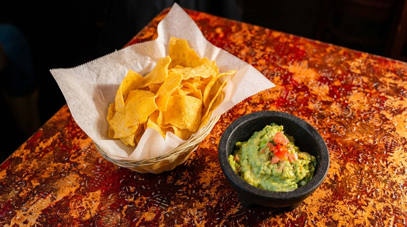 A basket of tortilla chips and a bowl of guacamole with diced tomatoes on a patterned table.