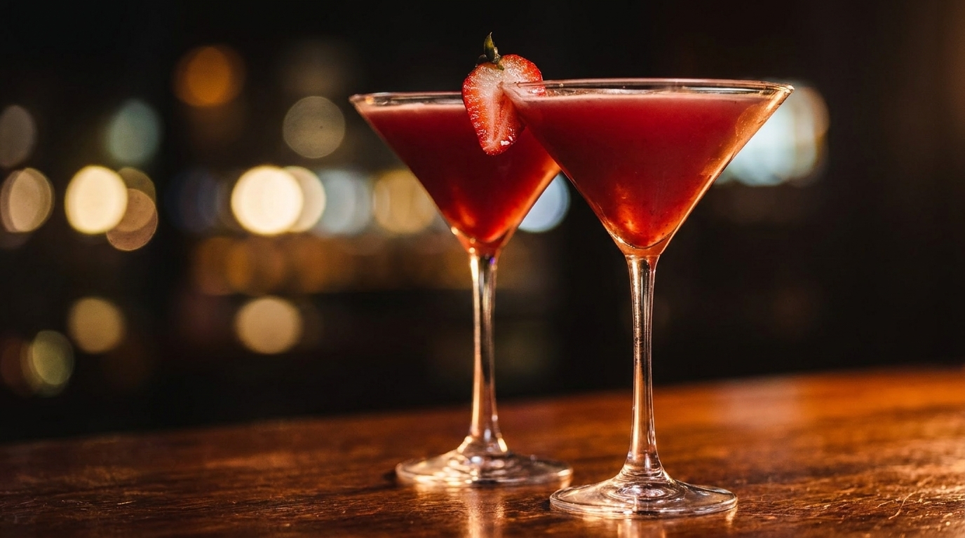 Two red cocktails in martini glasses, one garnished with a strawberry, on a bar with bokeh lights.