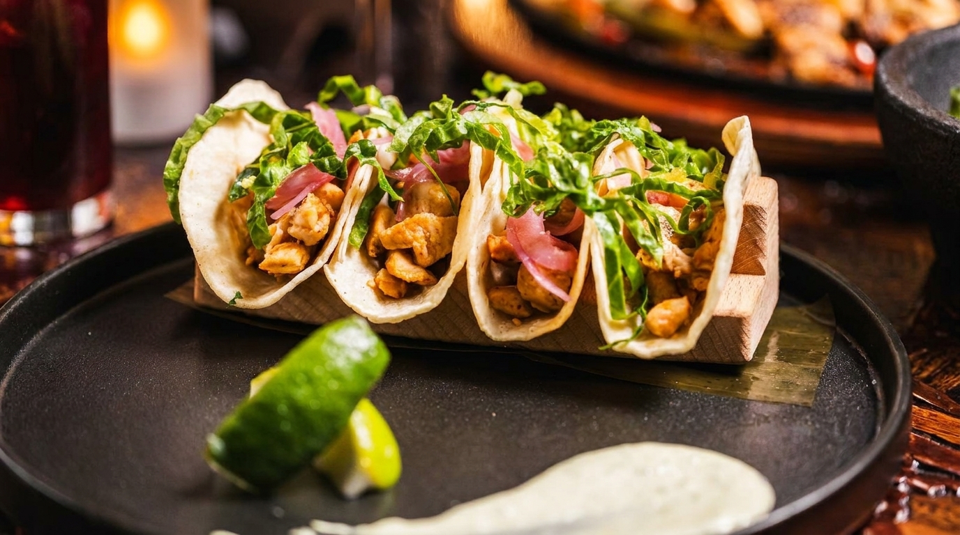 Four chicken tacos with lettuce, red onion, and lime on a black plate.