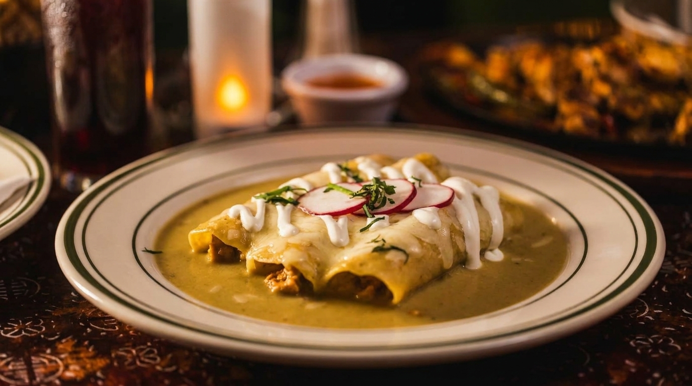 Three enchiladas covered in green sauce, melted cheese, sour cream, cilantro, and radish slices.