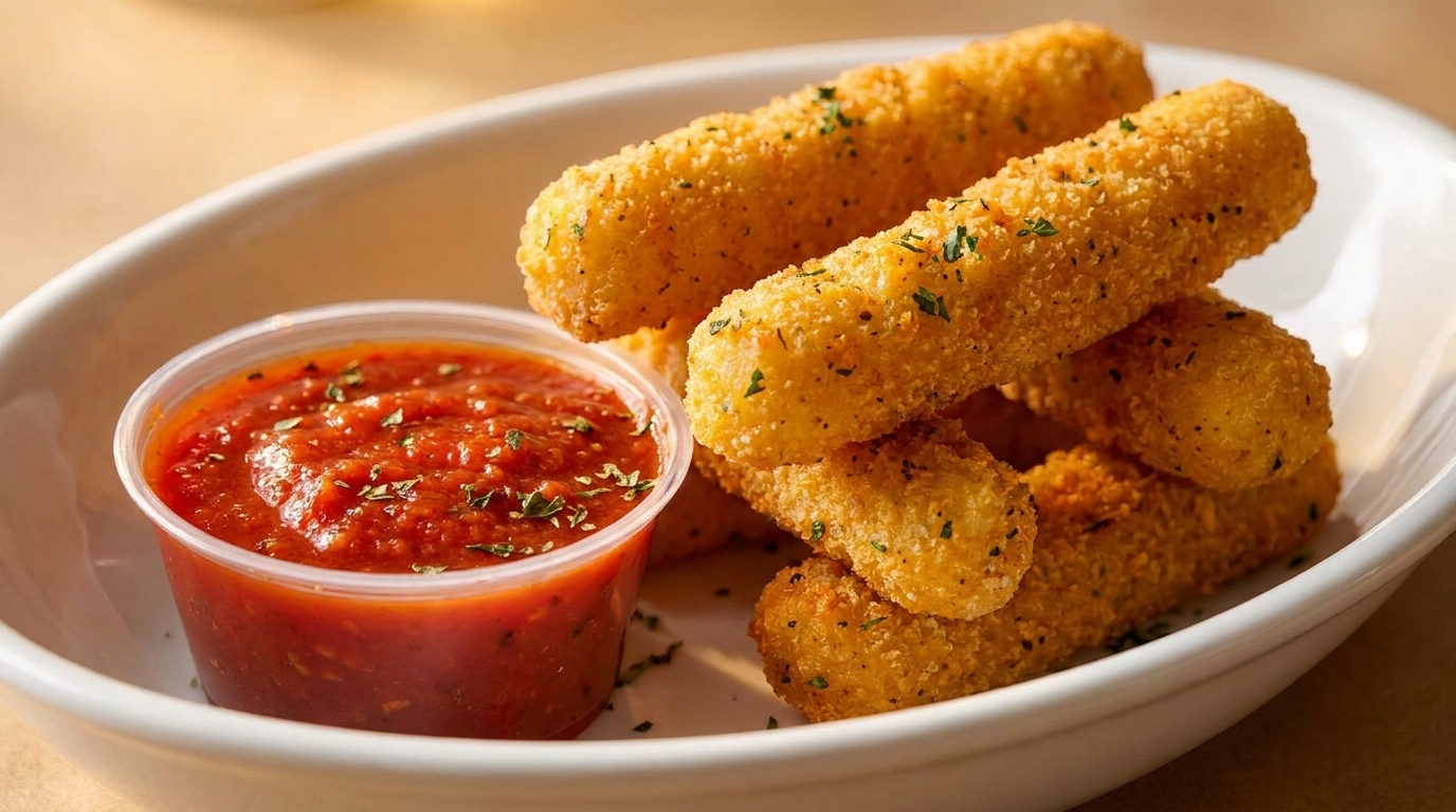 Golden-brown mozzarella sticks, sprinkled with herbs, served with a side of marinara sauce in a white dish.