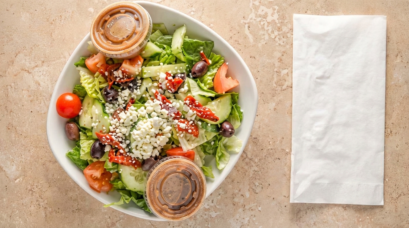 Overhead view of a fresh Greek salad with dressing cups and a white paper bag on a marble surface.