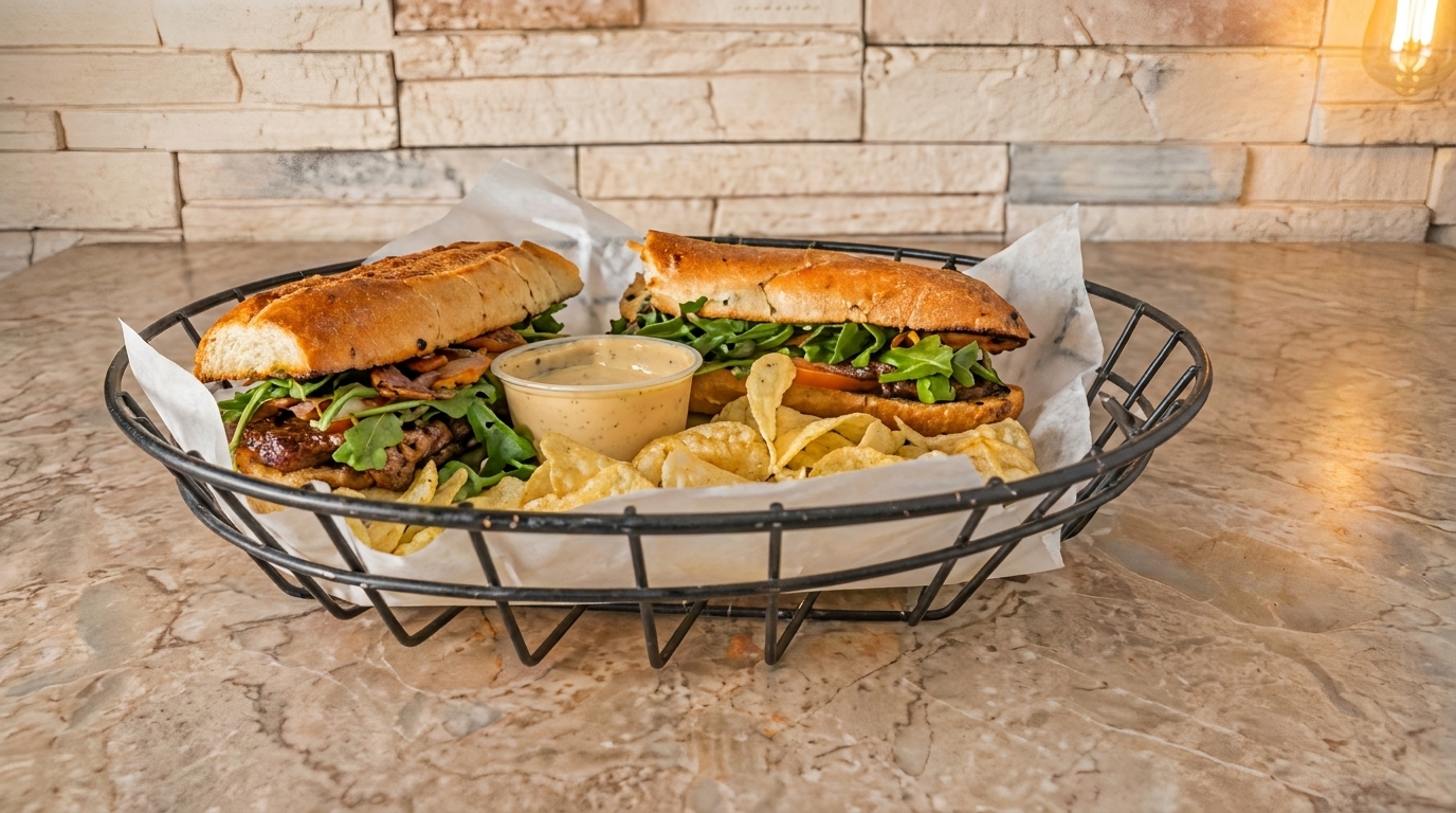 Two steak sandwiches with arugula, chips, and dipping sauce in a wire basket on a marble counter.