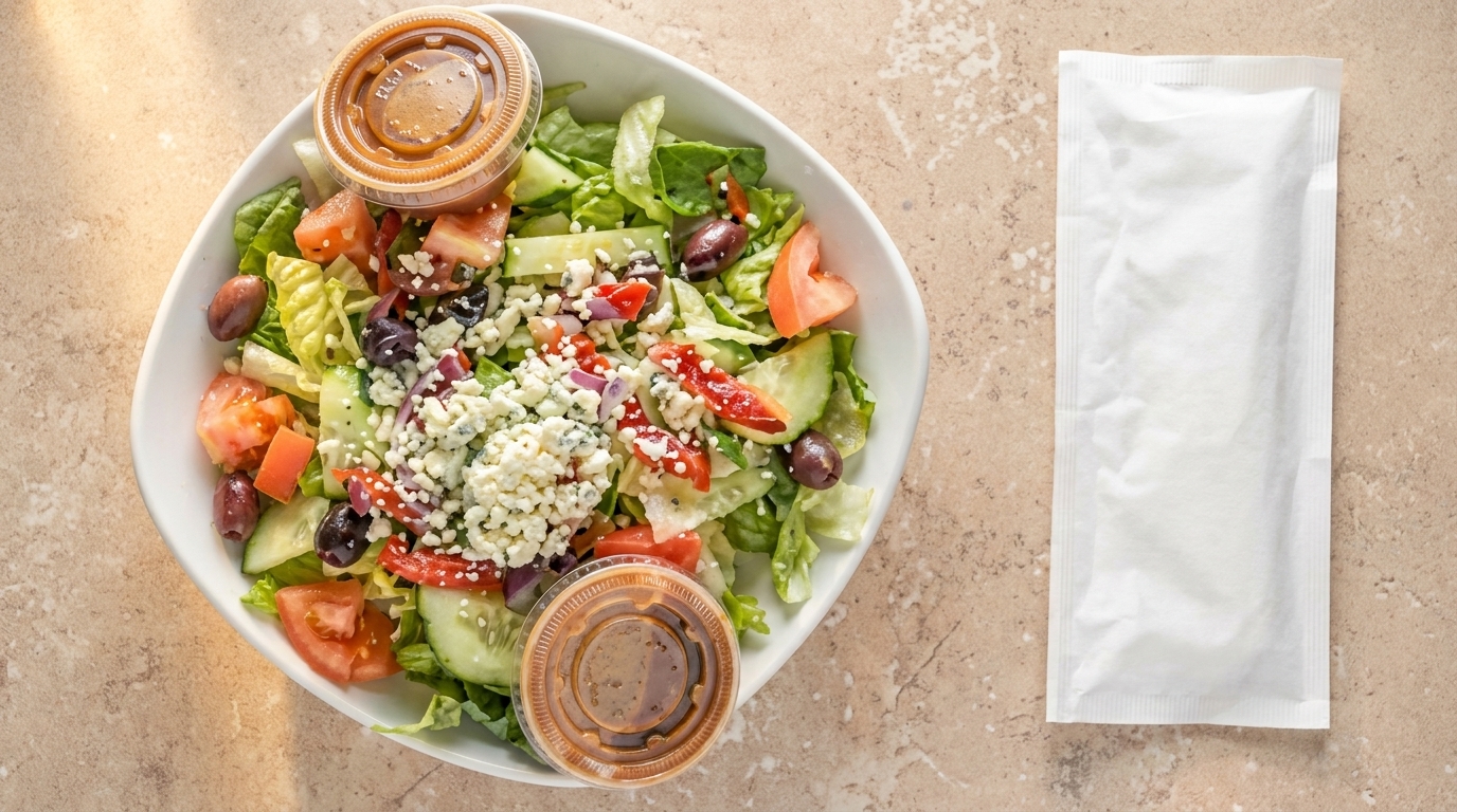 Overhead view of a fresh salad with lettuce, tomatoes, olives, cucumbers, and feta cheese.