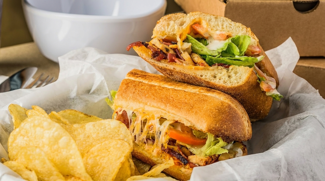 Two halves of a toasted sub sandwich with melted cheese, bacon, lettuce, and tomato, served with chips.