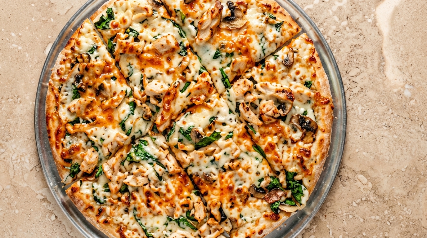A whole chicken, mushroom, and spinach pizza with melted cheese, sliced on a metal pan.