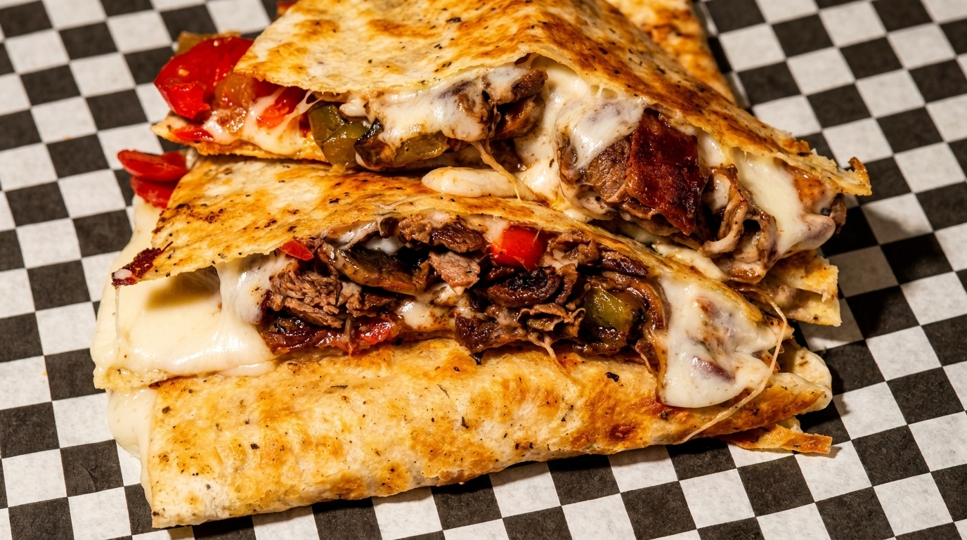 Cheesy steak quesadillas with peppers and onions on black and white checkered paper.