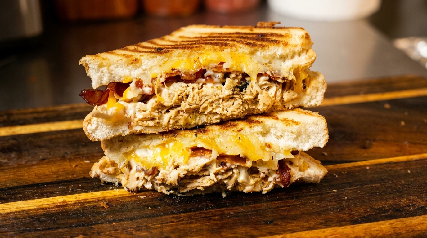 Grilled chicken and bacon sandwich with melted cheese, cut in half and stacked on a wooden board.