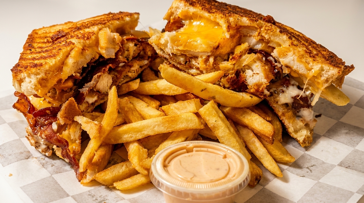 Grilled cheese sandwich with chicken, bacon, and melted cheese, served with fries and dipping sauce.