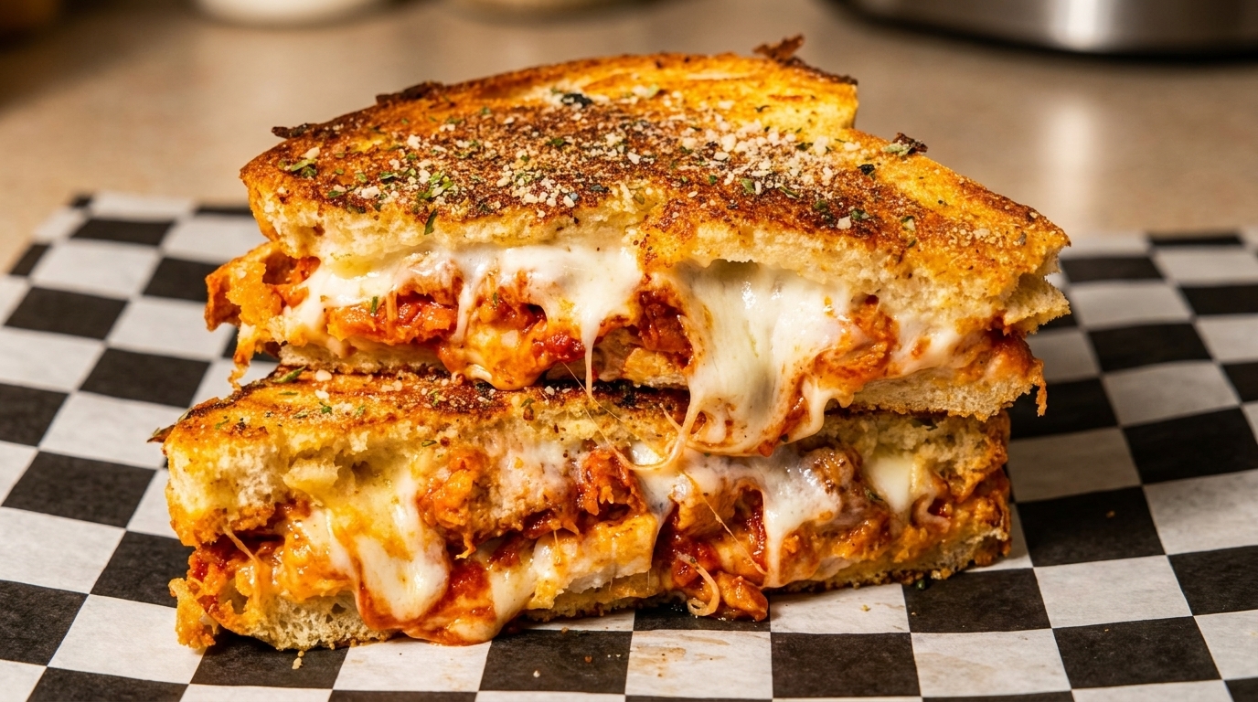 Two halves of a grilled sandwich with melted cheese and red sauce, on checkered paper.