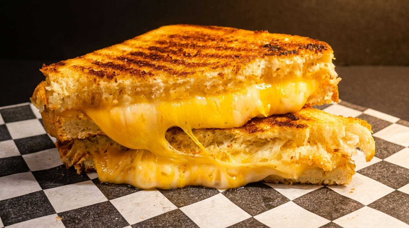 Golden-brown grilled cheese sandwich with melted yellow and white cheese oozing out, on checkered paper.