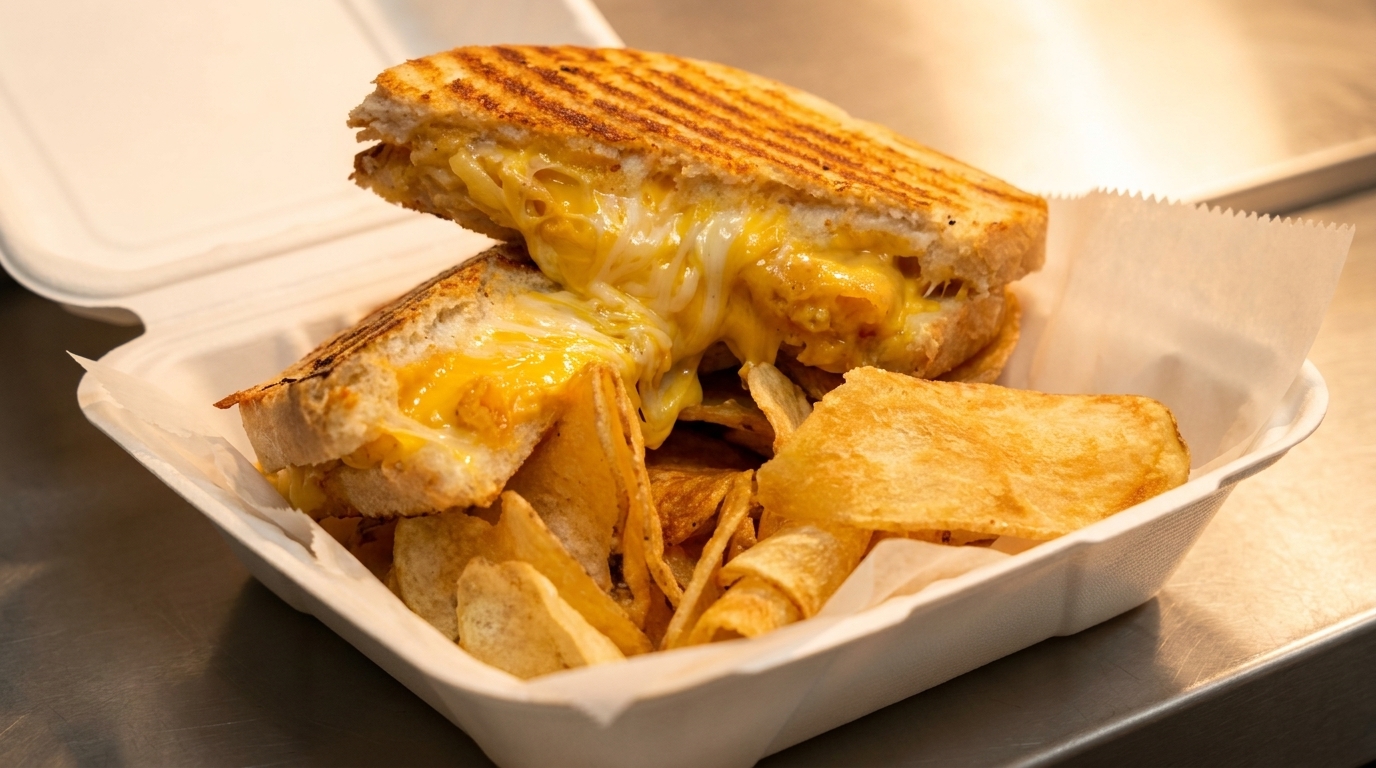 A gooey grilled cheese sandwich with melted cheddar and macaroni, served with potato chips in a to-go container.