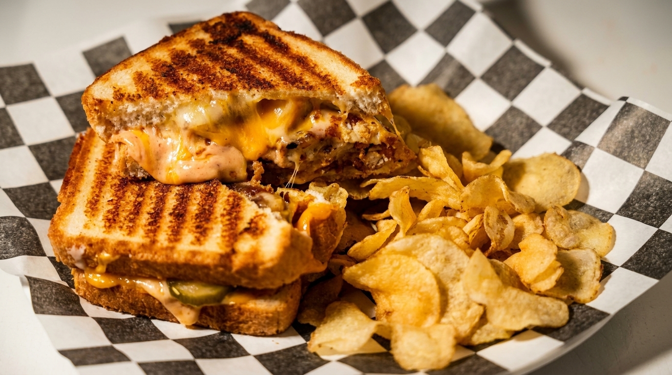 Grilled cheese sandwich with melted cheese and sauce, served with potato chips on checkered paper.