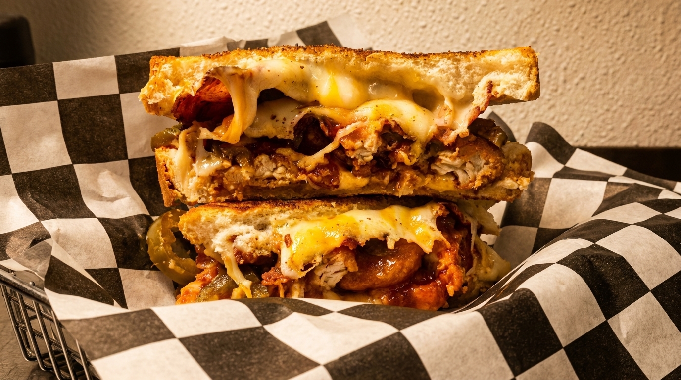 A grilled cheese sandwich, cut in half, overflowing with melted cheese, chicken, and jalapeños in a basket.