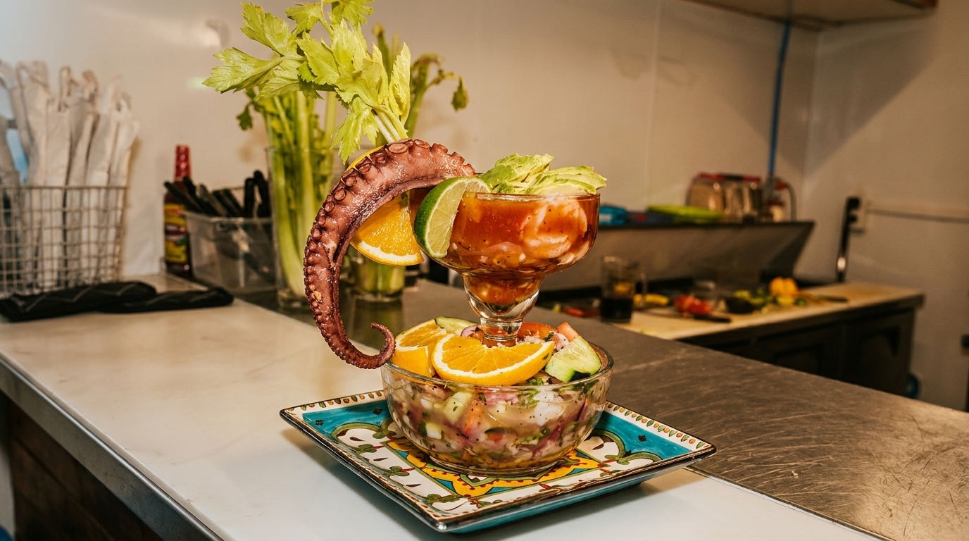 A large seafood cocktail with an octopus tentacle, oranges, and lime on a bar counter.