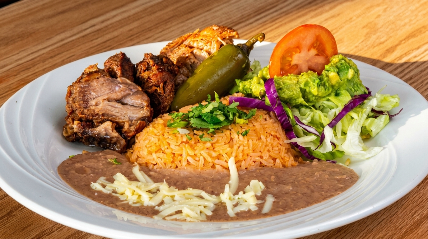 Mexican dish with carnitas, rice, refried beans, guacamole, salad, tomato, and a jalapeño.