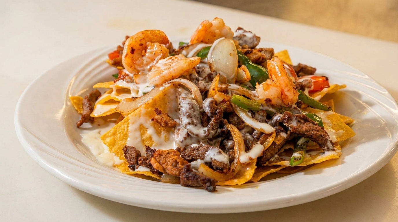 A plate of nachos topped with shrimp, steak, onions, peppers, and white sauce.