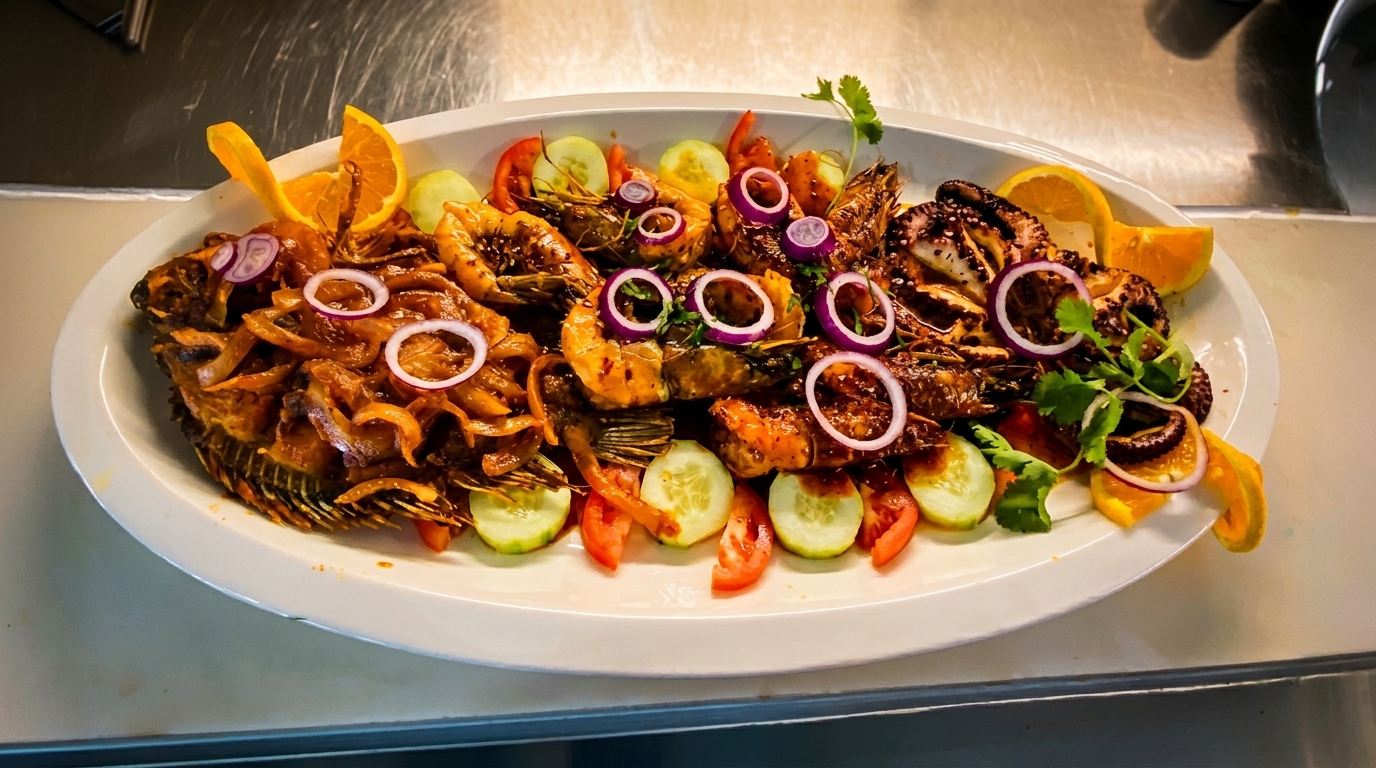 Large platter of whole fried fish, grilled shrimp, and octopus, garnished with onions, oranges, and vegetables.