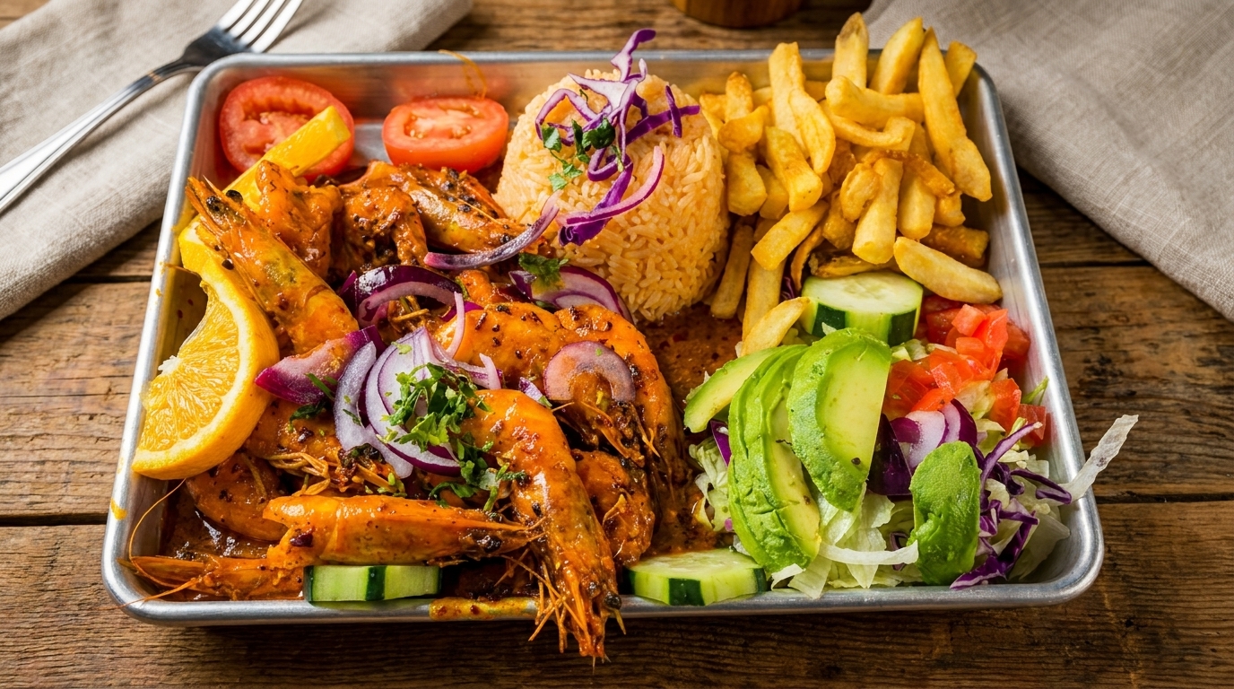 A metal tray with grilled shrimp, rice, french fries, avocado salad, and sliced tomatoes.