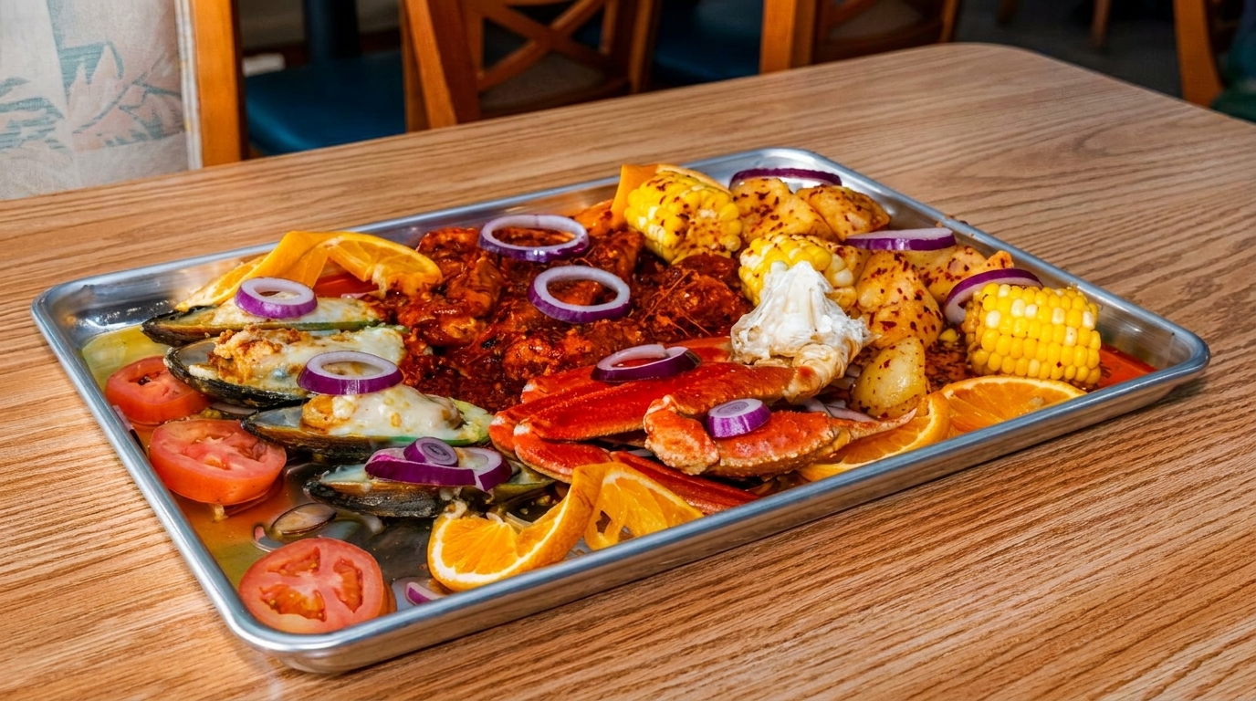 A large metal tray filled with seafood boil, including crab, mussels, corn, and potatoes.