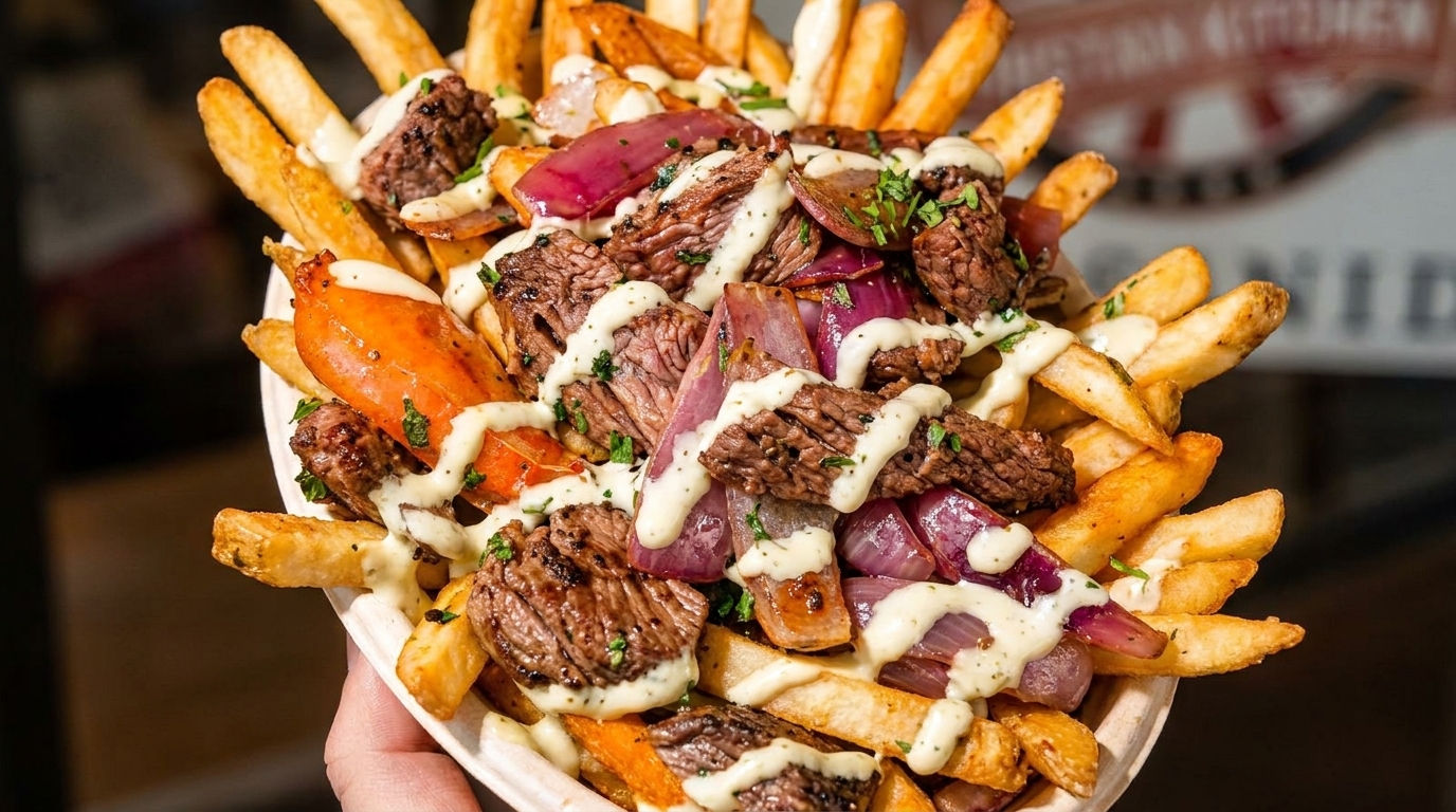 Close-up of golden french fries topped with steak, red onions, and a creamy white sauce.