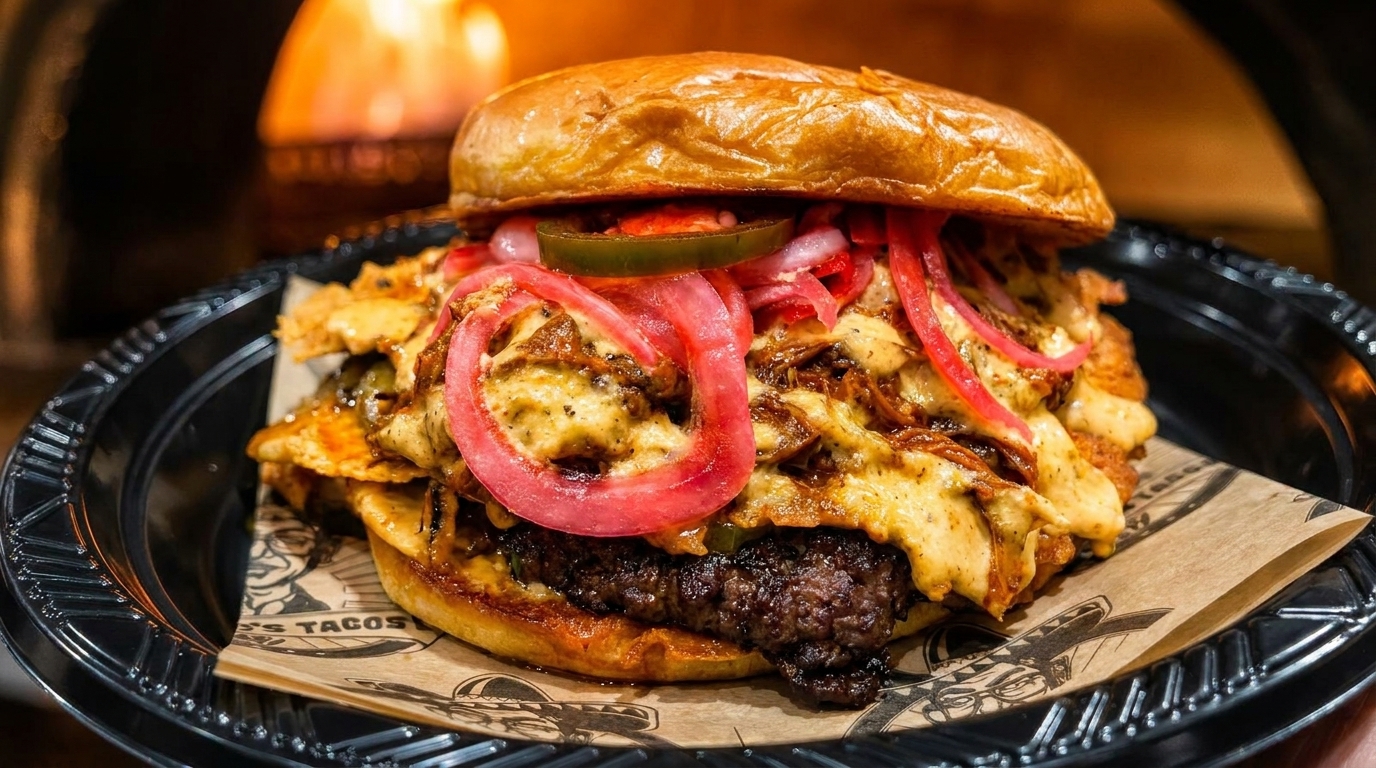 A large, messy burger with melted cheese, red onions, and jalapeños on a black plate.