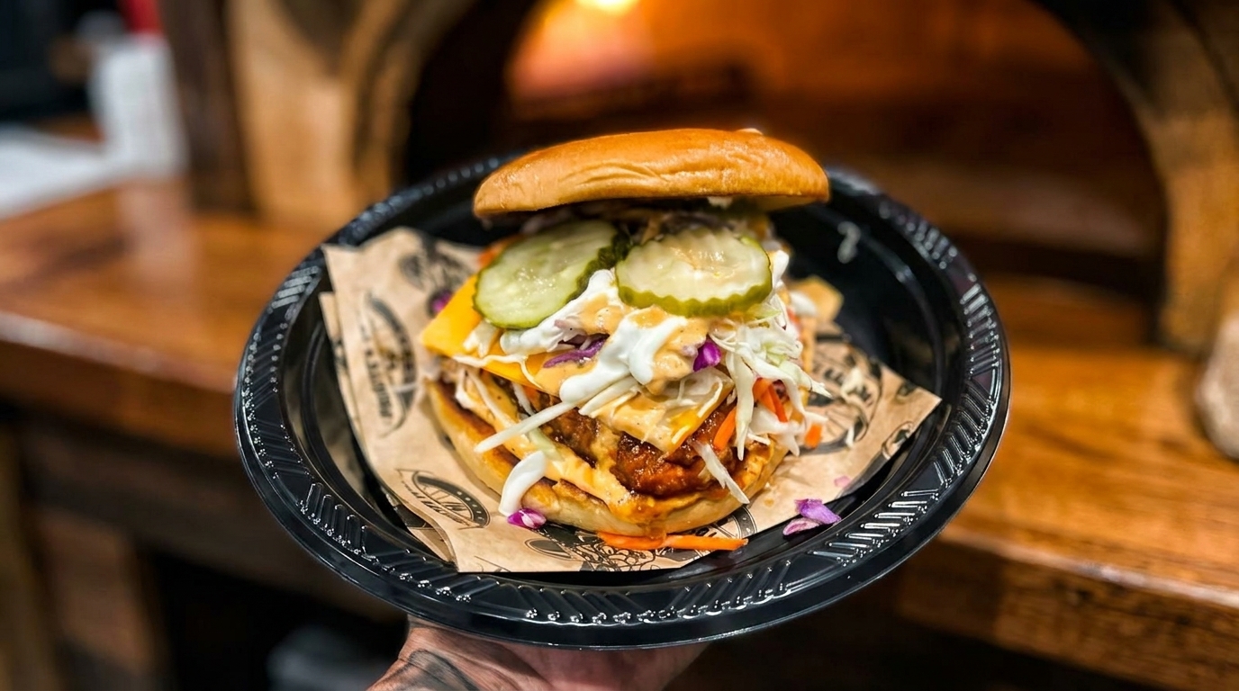A hand holds a fried chicken sandwich with cheese, coleslaw, pickles, and sauce on a bun.