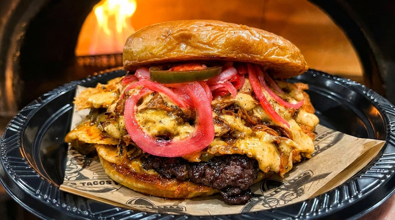 A large burger with melted cheese, pickled onions, and jalapeños, in front of a fiery oven.