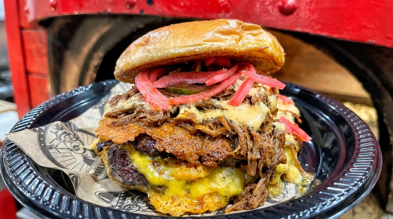 A towering burger with melted cheese, pulled pork, crispy fried onions, and pickled red onions.