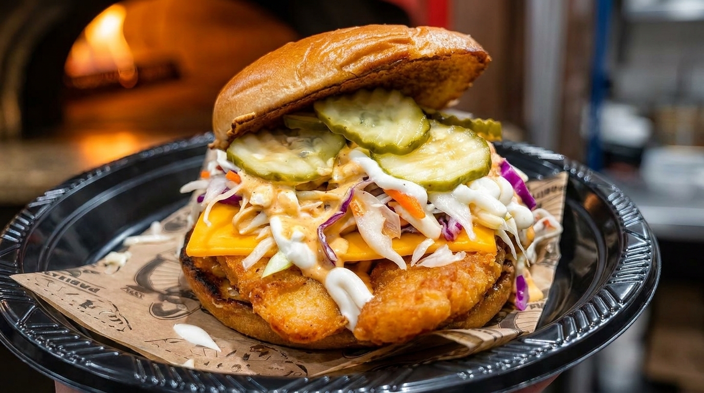 Crispy chicken sandwich with cheese, coleslaw, pickles, and sauce on a bun, with a pizza oven in the background.