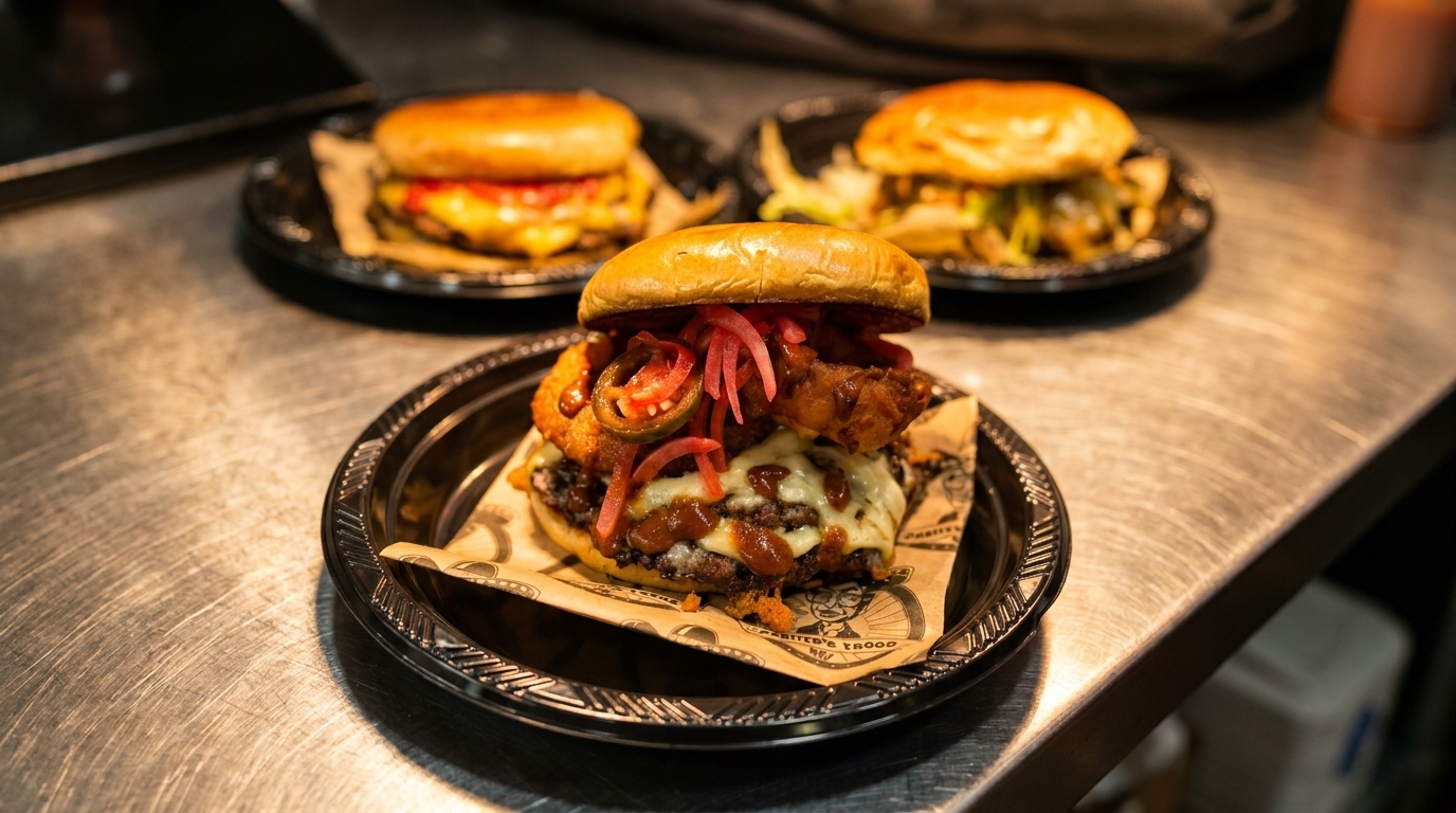 Three gourmet burgers on black plates, with the front burger featuring pickled onions and jalapeños.