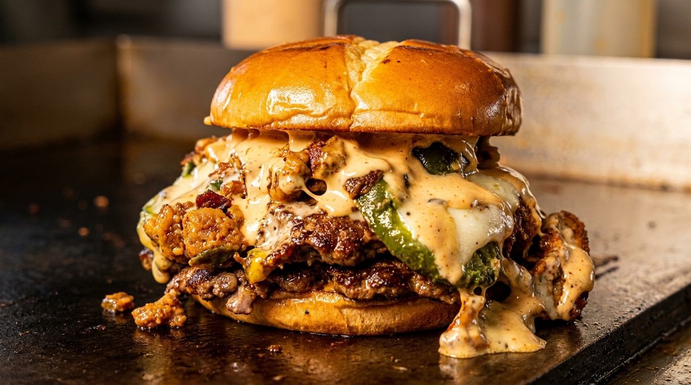 A juicy burger with two patties, melted cheese, jalapenos, and special sauce on a griddle.