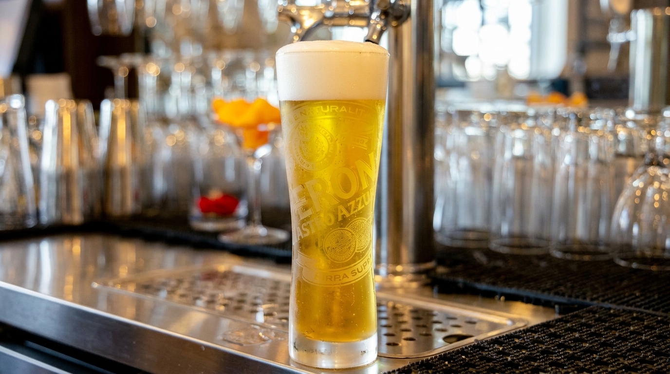 A tall glass of Peroni beer with a foamy head on a bar counter with blurred glasses.