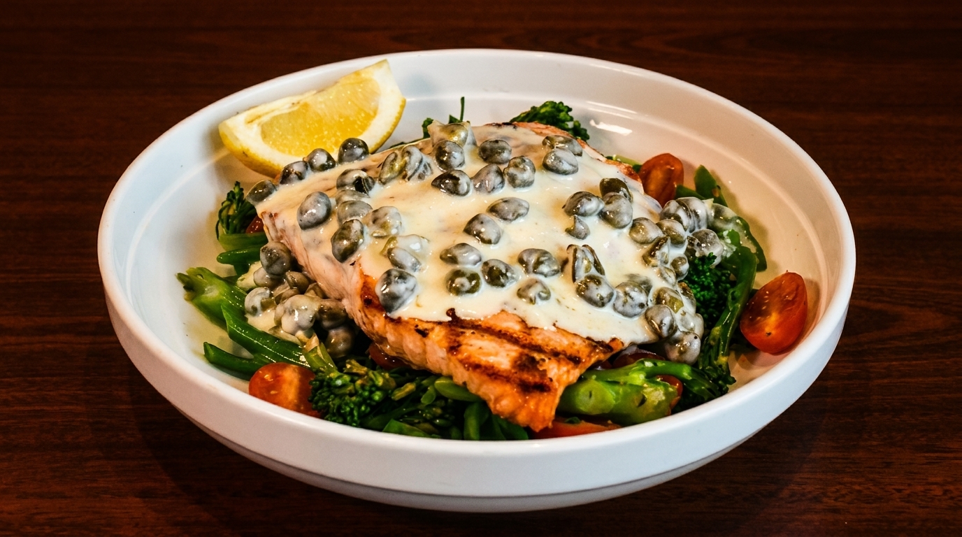 Grilled salmon with creamy caper sauce, green vegetables, cherry tomatoes, and a lemon wedge.
