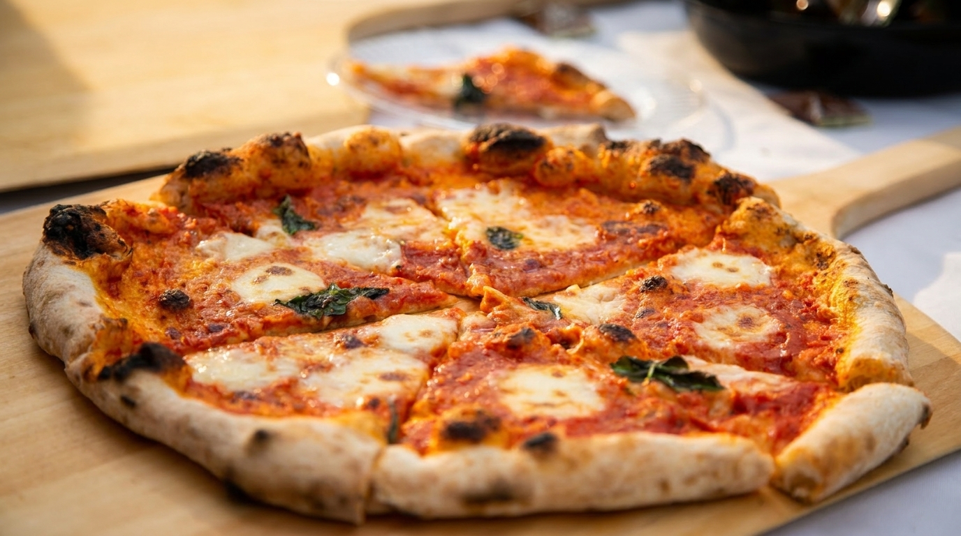 Freshly baked Neapolitan pizza with melted mozzarella, tomato sauce, and basil on a wooden peel.