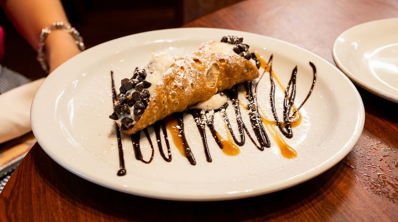 A cannoli dessert on a white plate, drizzled with chocolate and caramel, topped with chocolate chips.