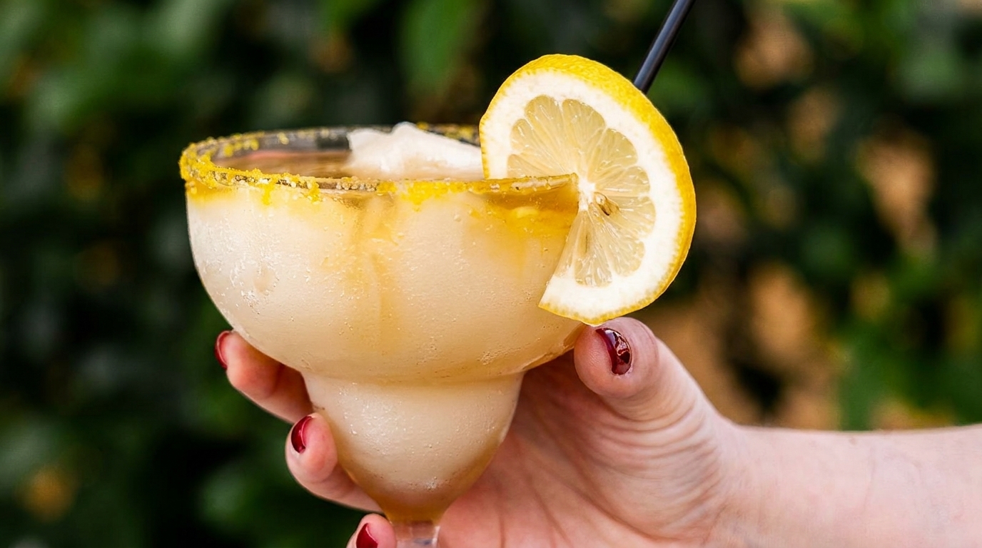 A hand holding a frozen margarita with a sugared rim, lemon slice, and black straw.