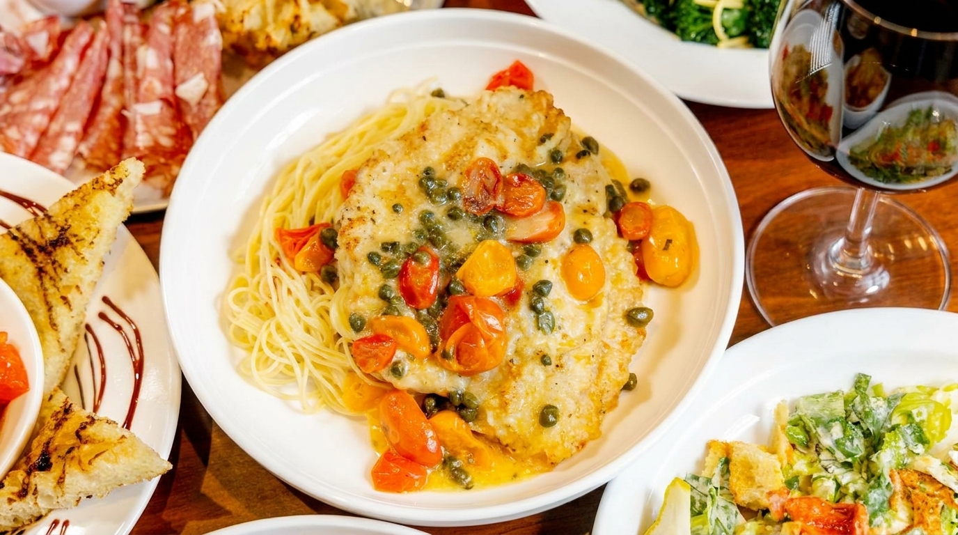Chicken piccata with capers and cherry tomatoes over spaghetti, surrounded by other Italian dishes.