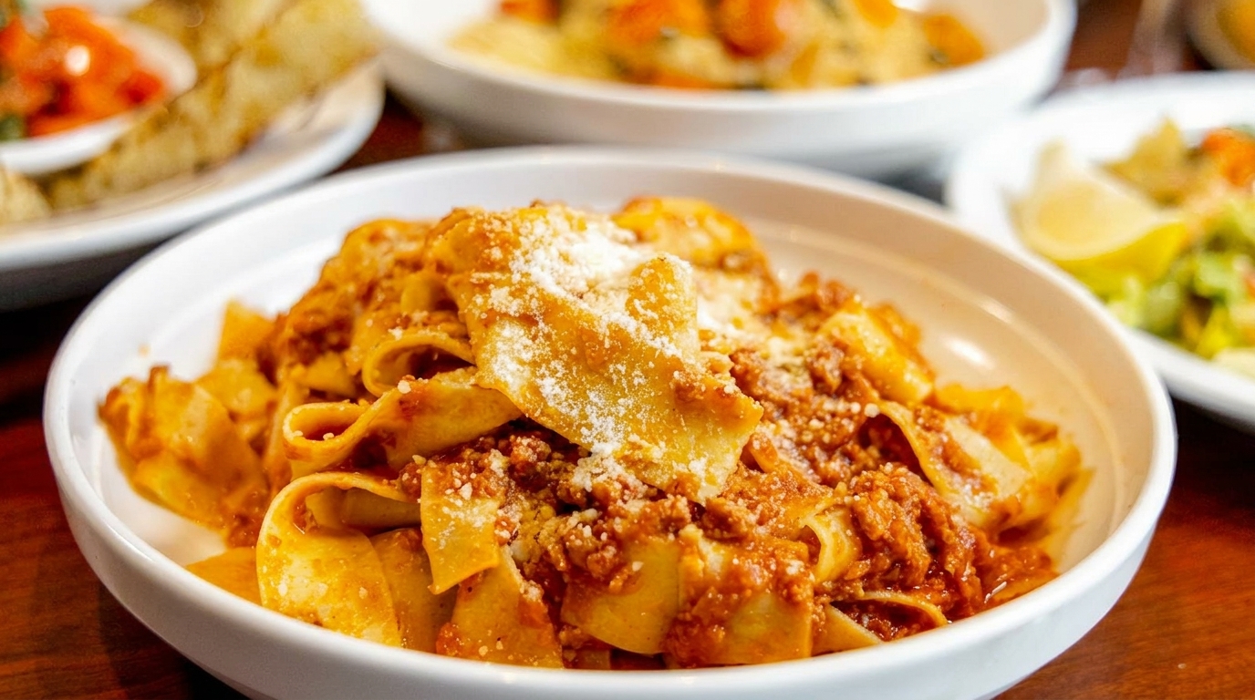 Close-up of pappardelle pasta with bolognese sauce and grated cheese in a white bowl.