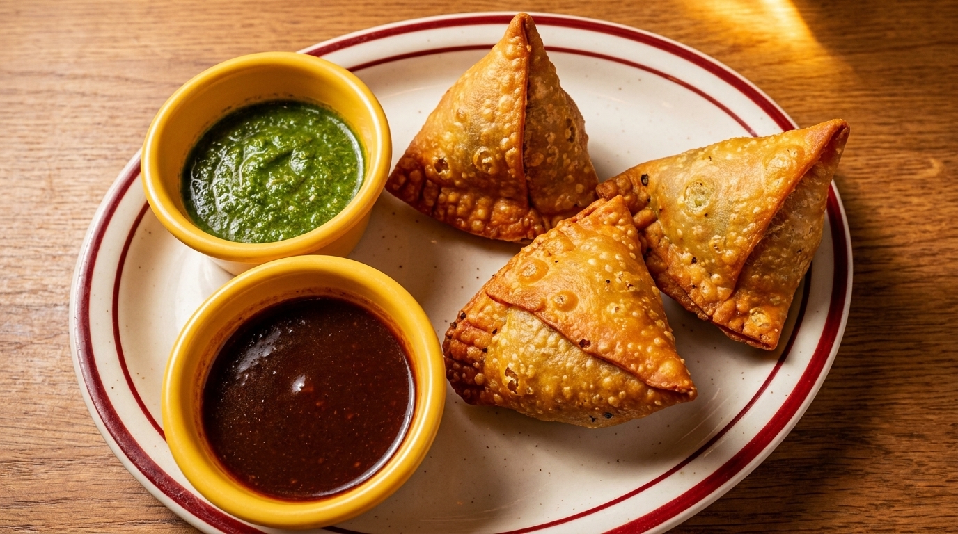Three golden-brown samosas and two small bowls of green and brown chutneys on a white plate.