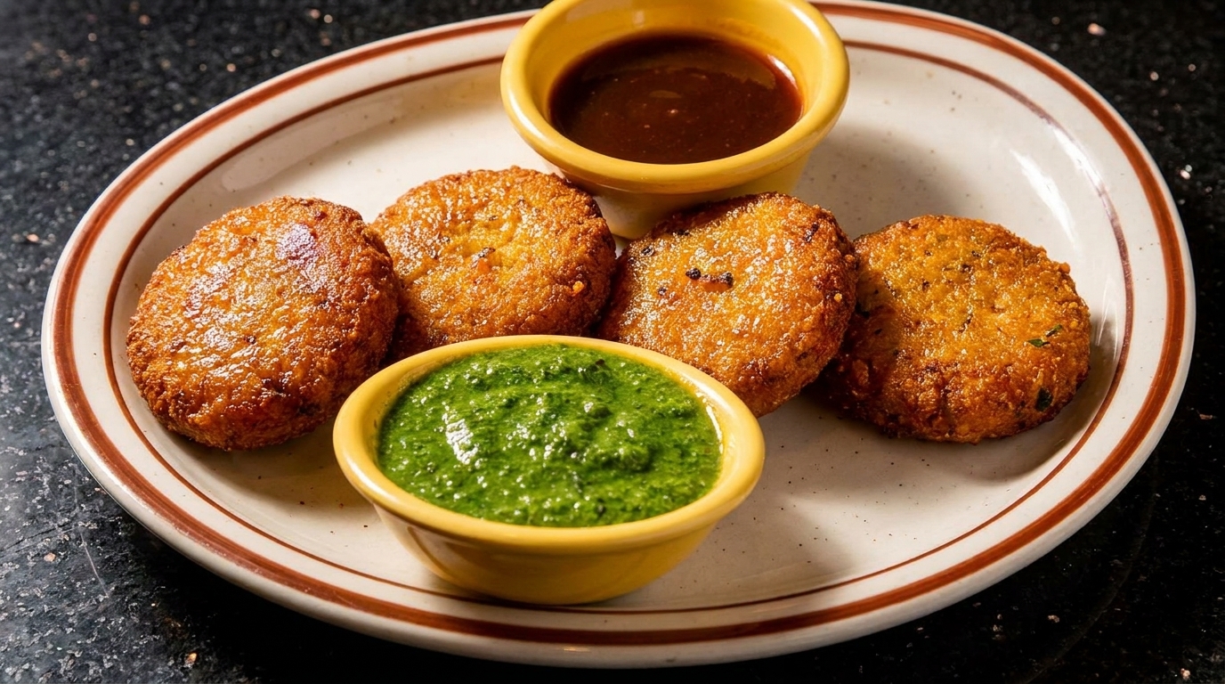 Four golden-brown fried patties with green and brown dipping sauces on a white plate.